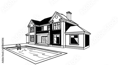 Modern house with pool and chimney, rendered in a black and white graphic style