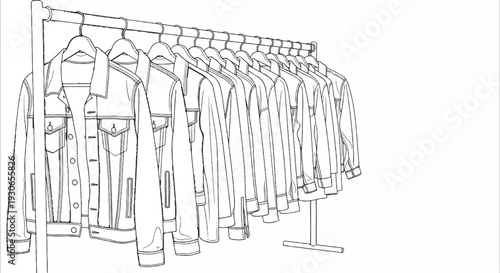 A black and white sketch of multiple jackets hanging on a clothing rack