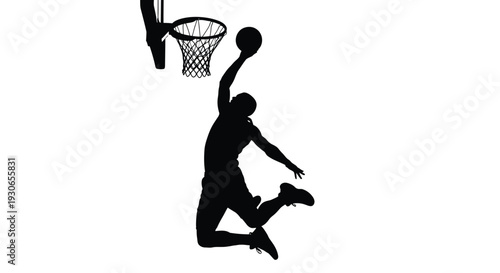 Silhouette of a basketball player jumping to dunk a ball into a hoop on a white background capturing action and athleticism in a dynamic sports scene
