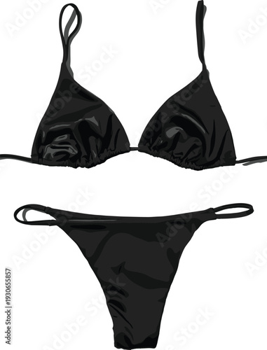 Black shiny triangle bikini set with adjustable straps, stylish swimwear fashion, nylon spandex beachwear, summer holiday clothing, sexy women’s swimsuit design