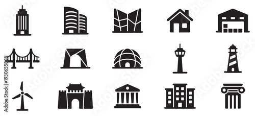 Buildings and structures icons collection featuring various architectural landmarks and urban elements in a modern flat design style.