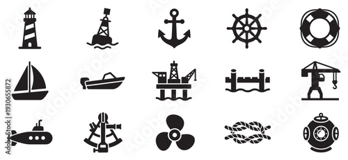 Nautical maritime sea ocean navigation shipping icons collection featuring various symbols of marine exploration and industry.