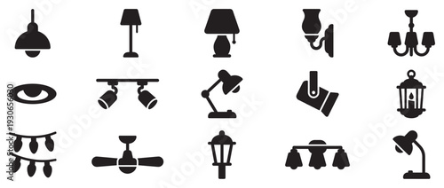 Collection of lighting fixture icons represents various illumination devices used in residential and commercial settings, offering diverse styles and functions.