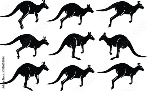 Black silhouette kangaroo motion sequence, nine dynamic hopping stages in grid, animal locomotion vector illustration, wildlife movement design, biomechanics study artwork, nature inspired