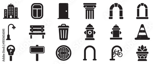 Urban city street architecture elements icons collection featuring various public infrastructure and building components in a simple graphic style.