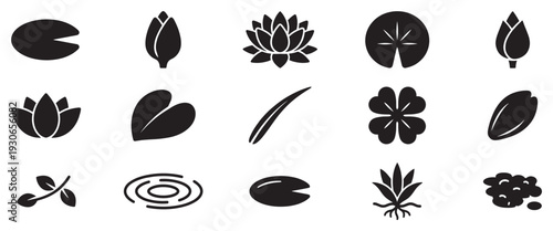 Black silhouette lotus and water lily icons collection showcasing diverse aquatic plant elements, including leaves, buds, and blooming flowers.