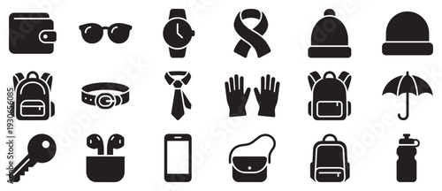 Personal accessories and everyday items icon set illustrating a comprehensive collection of essential personal belongings and fashion items.