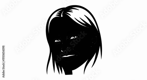 Black and white stylized portrait of a young woman with wide eyes and a slight smile