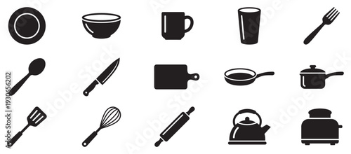 Kitchen utensils and appliances icons set illustrating a comprehensive collection of essential tools for everyday cooking and dining.