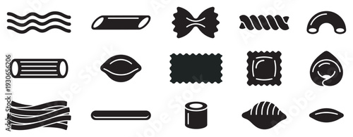 Various pasta shapes collection of Italian food icons in a minimalist black silhouette style for culinary designs.