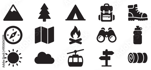 Outdoor adventure camping hiking icons set featuring various essential elements for exploring nature and wilderness activities.