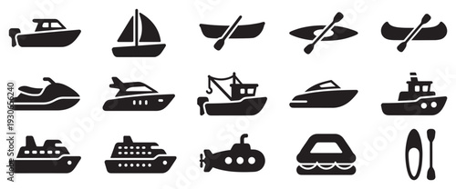 Various watercraft icons representing different types of boats and ships for marine transportation and recreational activities.