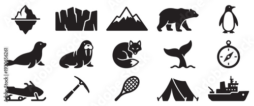 Arctic and Antarctic exploration icons featuring wildlife and adventure elements in a simple silhouette style.