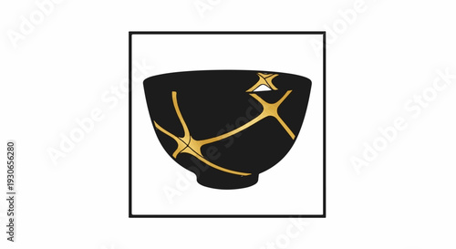 Black bowl with golden kintsugi repair lines, framed