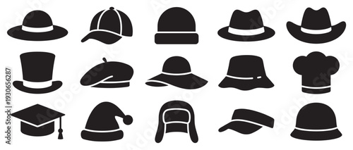 Different styles of hats and headwear collection icons representing various fashion, professional, and seasonal head coverings.