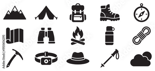 Outdoor adventure camping hiking mountaineering equipment icons illustrating essential gear for exploring nature and enjoying wilderness activities.
