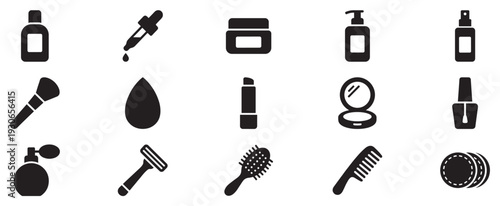 Beauty and personal care product icons collection featuring essential items for daily grooming and hygiene routines.