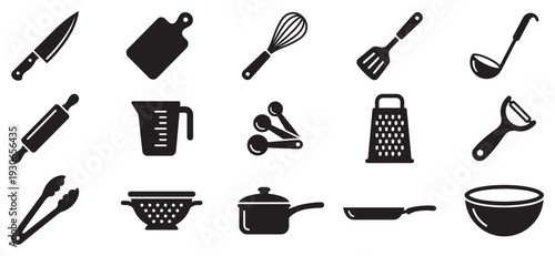 Kitchen utensils and cooking tools silhouette icons set displaying essential equipment for preparing delicious meals in any home.