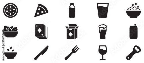 Food, drinks, and entertainment icons are displayed in a collection of simple black silhouettes for various uses.