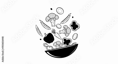 Assortment of fresh vegetables spilling from a black bowl, illustrated in line art