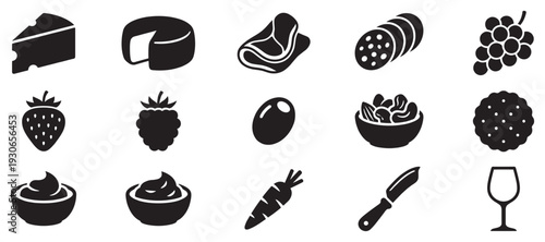 Collection of food and appetizer icons features cheese, fruits, meats, nuts, and dips for a perfect snack display.