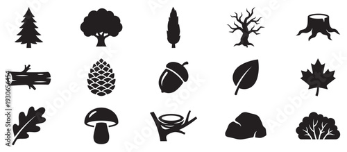 Nature and forest elements collection featuring various trees, leaves, and other natural objects as black silhouettes.