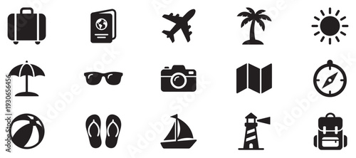 Collection of travel and vacation icons representing various elements of tourism, holidays, and summer adventures.