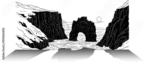 Dramatic sea arch and rugged cliffs sculpted by ocean waves under a hazy sun