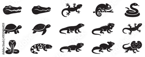 Reptile icons collection featuring various species of lizards, snakes, and turtles in a simple black silhouette vector style.