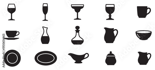 Kitchenware and tableware icons representing various dining and serving items for food and beverage presentation and use.