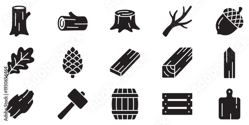 Wood and forestry related icons set in a clean, minimalist black silhouette style, representing various natural and processed timber elements.