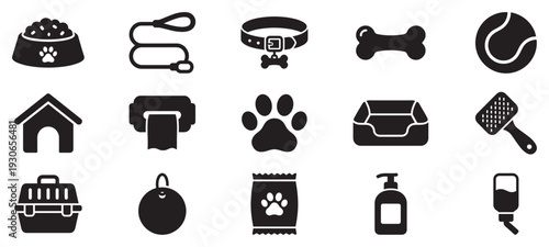 Dog pet care accessories and supplies icons collection representing various essential items for canine companions and their well-being.