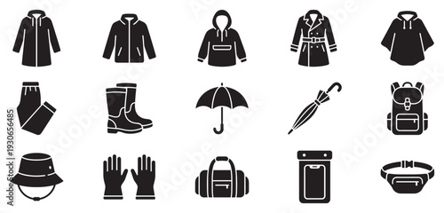 Rain gear and outdoor accessories icon set featuring various items for protection against wet weather and travel.