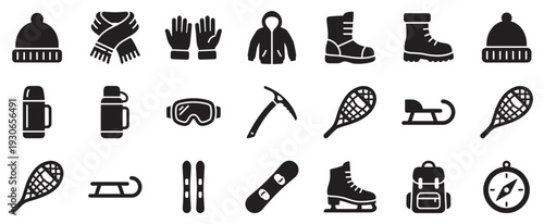 Winter outdoor activity equipment icons set in black silhouettes representing various cold weather sports and recreation items.
