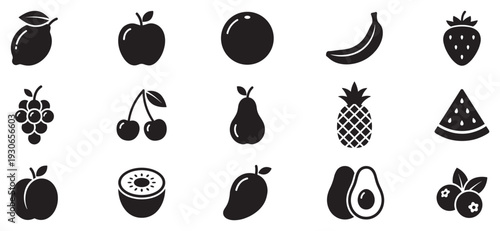 Fruit icons set of various fresh healthy produce for nutrition and diet concept design elements and web graphics.