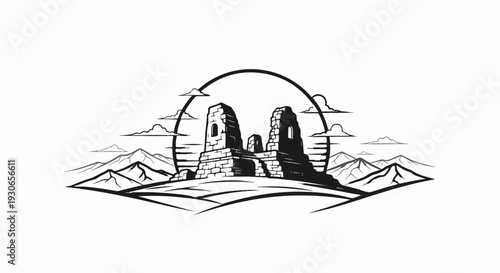 Ancient stone ruins stand atop hills under a large circle, with mountains and clouds