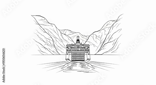 A large ferry vessel sails through a narrow waterway flanked by steep, textured mountains