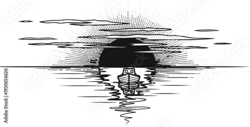 A stylized sun sets behind clouds, casting rays on a boat sailing on reflective water