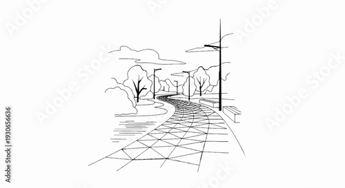 A sketch of a winding path in a park with trees and street lamps