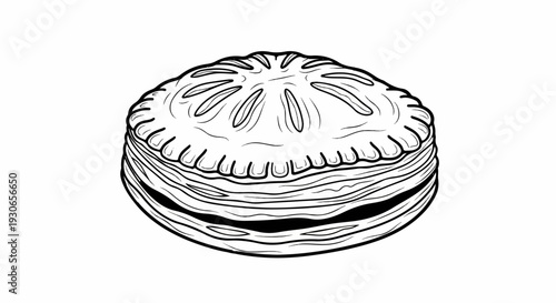 A line art drawing of a round, layered pastry with a fluted crust and vent slits