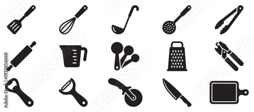 Various kitchen utensils and cooking tools collection displayed as a simple black silhouette icon set for culinary use.