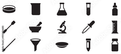 Laboratory equipment icons collection features various essential scientific tools used for research and experiments.