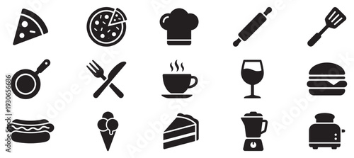 Food and kitchen icons representing various culinary items, cooking utensils, and dining experiences in a simple black silhouette style.
