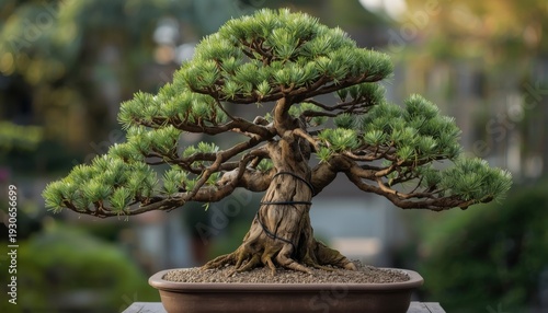 Cultivated Bonsai with Gnarled Trunk and Green Needles