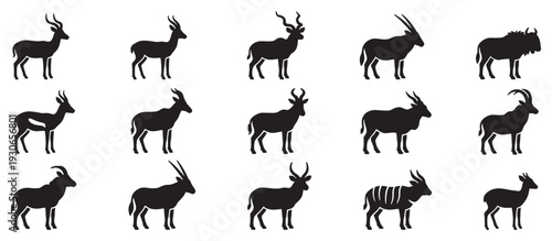 Various African antelope animal silhouettes collection of different species showcasing diverse horn shapes and body forms.