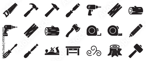 Woodworking tools and materials icons set featuring various instruments and timber elements essential for carpentry, construction, and craftsmanship.