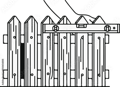 A line drawing depicts a wooden picket fence with a spirit level measuring its surface