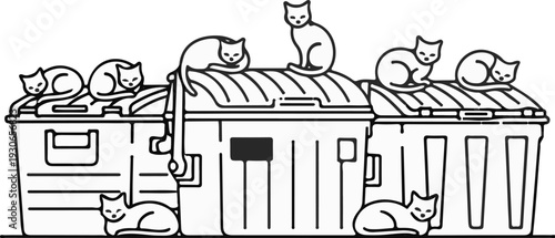 A line drawing depicts multiple cats lounging on and around garbage bins