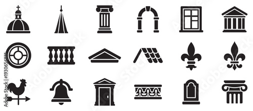 Various architectural elements and symbols vector icons set representing historical and decorative building components and cultural motifs.