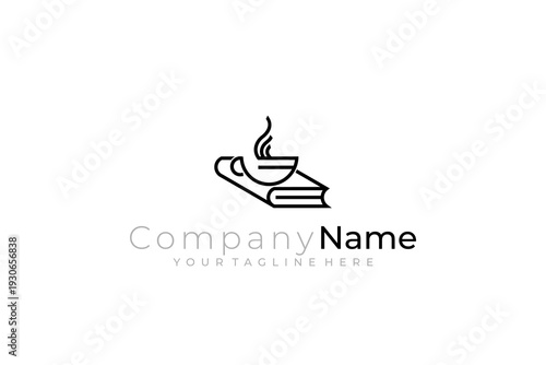 luxury book and coffee logo design vector with line style in black color